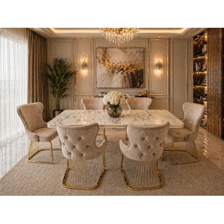 Set masa dreptunghi cu 6 scaune bej/auriu