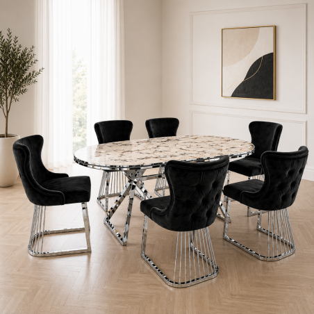 Set masa ovala cu 6 scaune negru/silver