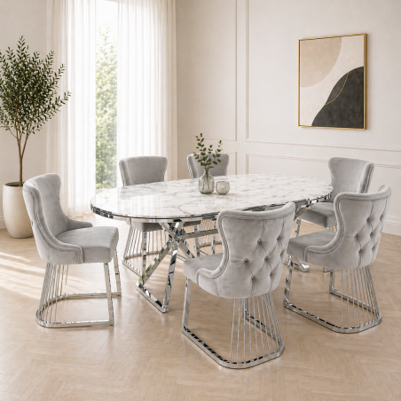 Set masa ovala cu 6 scaune gri/silver